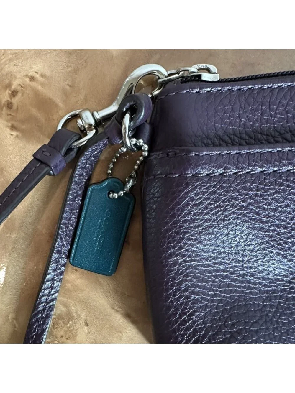Coach Plum Purple Pebbled Leather Wristlet Pouch Zip Clutch